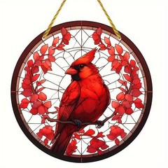 Red Cardinal Round Hanging Decor Bird Suncatcher Window Wall Art Home Decor