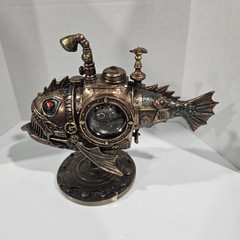 Steampunk Mechanical Fish Resin Figurine Sculpture on Stand, Carved Bronze