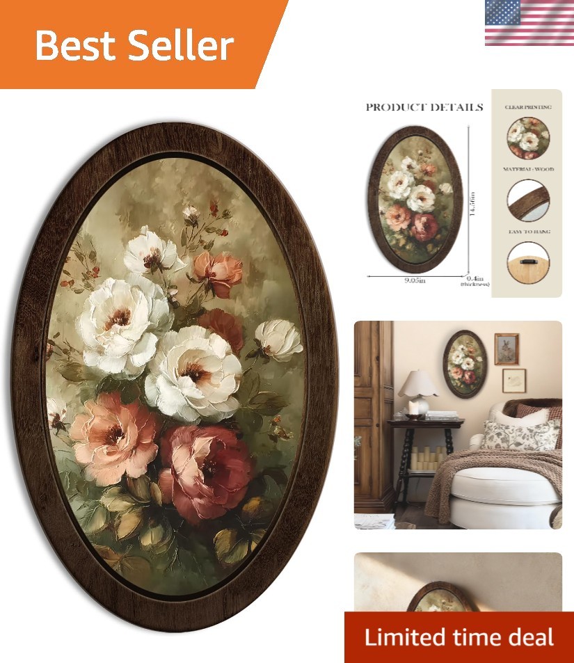 Rustic Cottagecore Oval Wall Art – Vintage Botanical Flower Design for Any Room