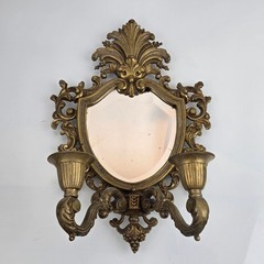 Vintage Brass Rococo Shield Mirror Wall Sconce Ornate Hollywood Regency Gilt