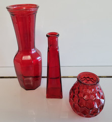 3 RUBY RED DECORATIVE BOTTLES ASYMMETRICAL CYLINDER AND DIAMOND POINT