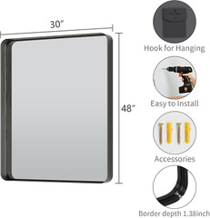 Matte Black 30×48 Inch Rounded Rectangle Wall Mirror for Bathroom & Living Room