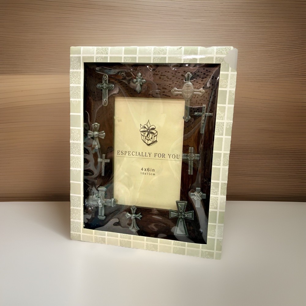 Wood & Silver Multi Silver Crosses Picture Frame Distressed Wood Photo Cross New