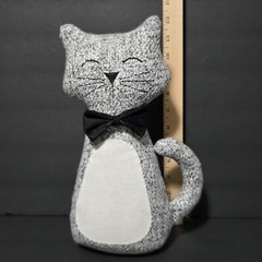Door Stop Weighted Happy Cat With Bowtie Plush Fabric Gray Freestanding Heavy
