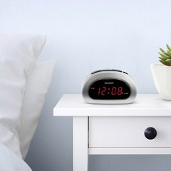 Digital Sharp Alarm Clock, Cosmic Silver, Easy to Set Controls, Red LED Display