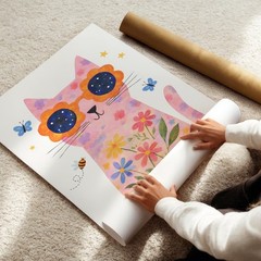 Floral Cat with Glasses Print | Kids Room Wall Art