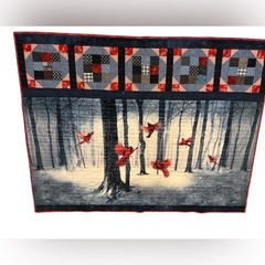 Handmade Quilted Colorblock Throw Cardinals In the Woods Trees Navy Red 52×44”