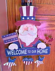 Patriotic Welcome To Our Home Sign Uncle Sam Wood Dangling Stars/Heart