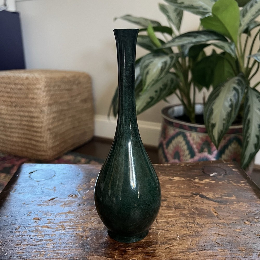«Tsurukubi» Crane’s Neck Shaped Japanese Flower Bud Vase Green Copper 7 in