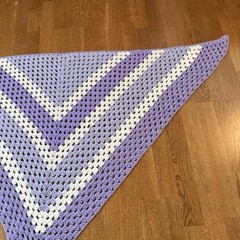 Handmade Crocheted Triangle Shawl Wrap Blanket Purple White 63” Inch X 50” Inch