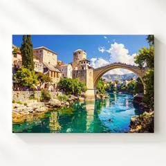 Stari Most Serenity Canvas Historic European Bridge Over Turquoise River Wall