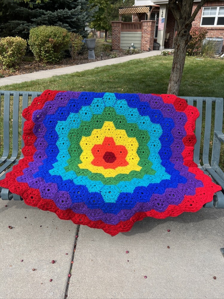 STUNNING 50in (approx) Hexagonal Handmade Great Gift Rainbow Throw Blanket!