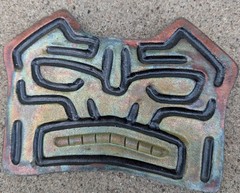 Raku Ceramic Totem Face Picture Tribal Canada Iridescent Green Copper Tiki