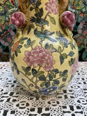 Andrea by Sadek Yellow Famille Jaune Vase with Pink Peony Flowers 9″