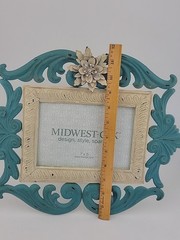 Shabby Chic Photo Frame~Teal Cream~Glass 12″X14″ Table or Wall Bling Flower FUN