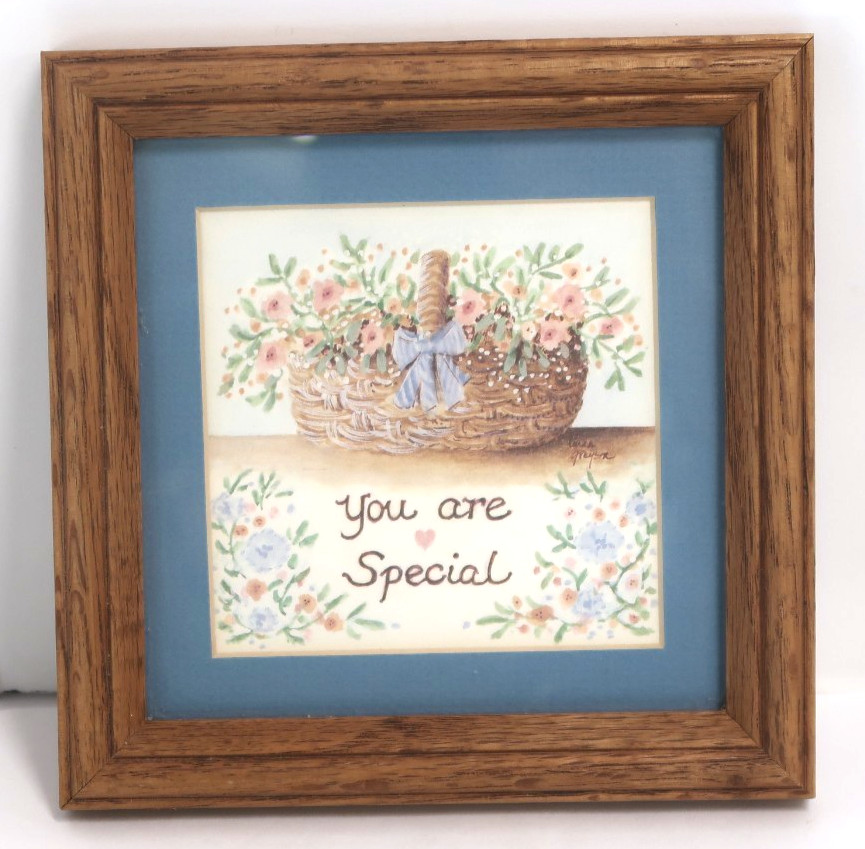 Square Wood-Framed Wall Hanging «You Are Special’ Basket Pink Blue Flowers