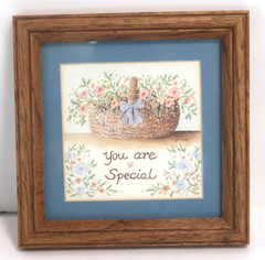 Square Wood-Framed Wall Hanging «You Are Special’ Basket Pink Blue Flowers