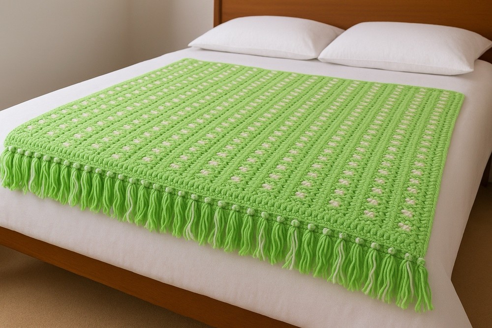 VTG Crochet Granny Square Blanket Green White Fringe Cottage Grandma 83X63 In
