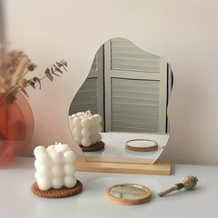 Irregular Decorative Tabletop Vanity Mirror with Wooden Base Bedroom Decor