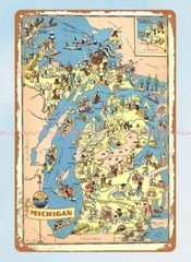 plaques sale Pictorial map of MICHIGAN state by Ruth Taylor 1935 metal tin sign