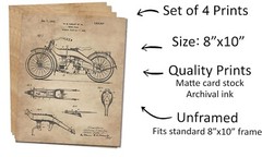 4 Harley Davidson Patent Art Prints 8×10 in. Wall Decor – Great Gift for Bikers