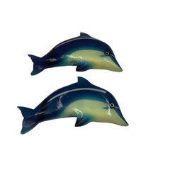 2 Vintage 6” Wooden Dolphin Mahi-Mahi Fish Wall Decor Art Pair Blue Teal Yellow