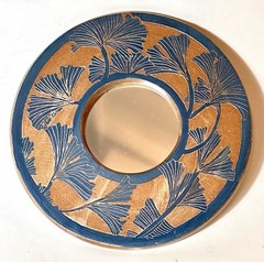 Vintage Round Studio Pottery Hand Carved Ginkgo Leaves Accent Mirror Signed 8.5”