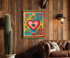 Sacred Heart Mexican Folk Art Canvas Print, Colorful Milagro Style Floral Decor