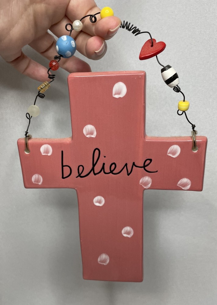 Sandra Magsamen for SILVESTRI BELIEVE Coral Cross Ceramic Wall Plaque Deco Beads