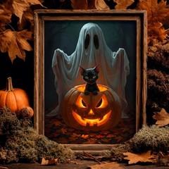 Black Cat and Pumpkin Ghost – Halloween Digital Wall Art | (DIGITAL DOWNLOAD)