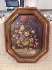 Vintage Octagonal Floral Print In Gilt Gold Original Frame MADE IN ITALY