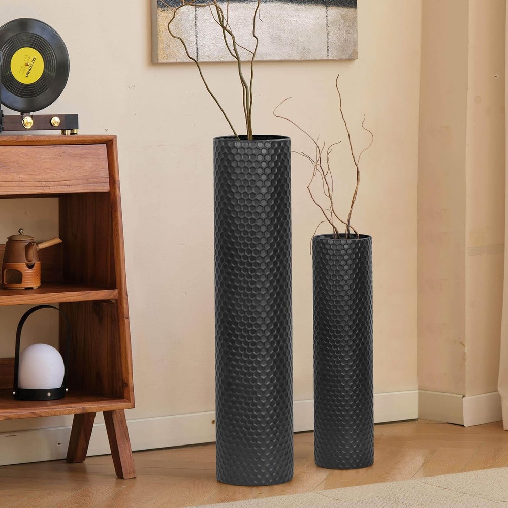 Set of 2 Black Cylinder Floor Standing Vases Large 27/21in Tall Metal Decorat…