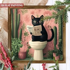 2D Bohemian Black Cat Reading Newspaper Wooden Sign for Home Bathroom Wall Decor