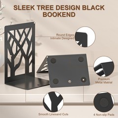 VFINE 4-Piece Modern Metal Bookends for Shelves, Black Tree Book Ends for Books