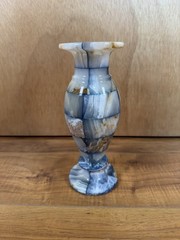 VTG Blue Onyx Marble Stone Vase Checkered Mosaic Patchwork MCM Artistic 7.5”