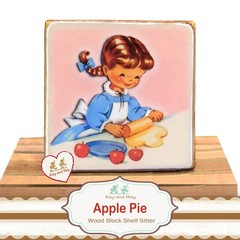 Girl Making an Apple Pie wood block Vtg image shelf decor Thanksgiving WB-47