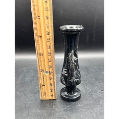 Vintage Black Stone Marble Onyx Bud Vase Carved Oriental Tree Smooth 4.5″ Tall