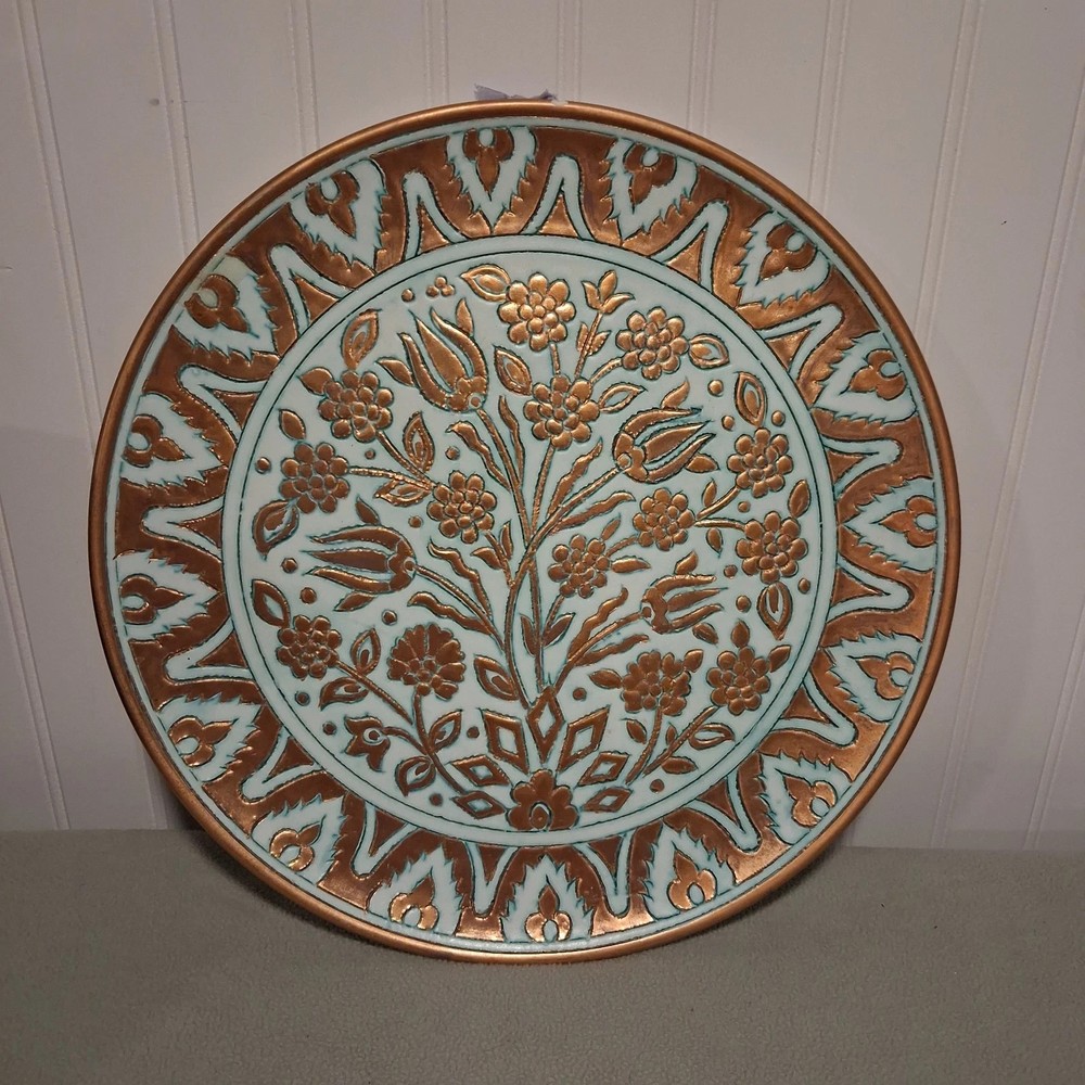 Signed Art Pottery Wall Plate 2000 Turkish Style Relief Floral Copper Glaze