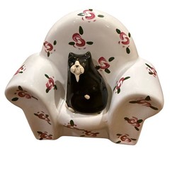 Katz & Co. Black Cat on White Floral Sofa Chair Figurine Ceramic Scotland EUC