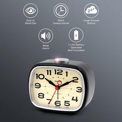 Alarm Clock, Retro Analog Simple Battery Powered Clock, Black, White