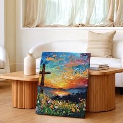 Wall Art Cross Sunset Landscape Canvas Print Colorful Floral Christian Decor