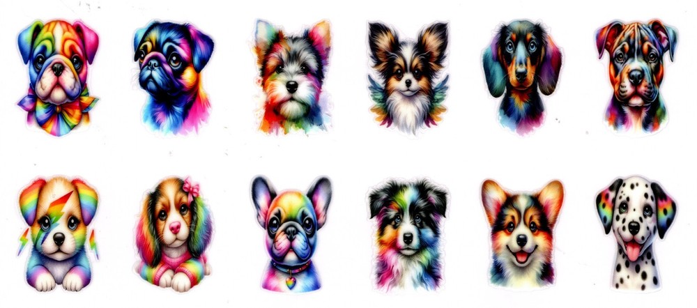 3 Sheets Dogs & Cows in Mugs UV DTF Stickers for Keychains, Coasters, etc – 12