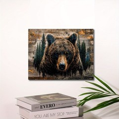 Framed Canvas Wood Grain Double Exposure Brown Bear Pine Forest Rustic Art Decor