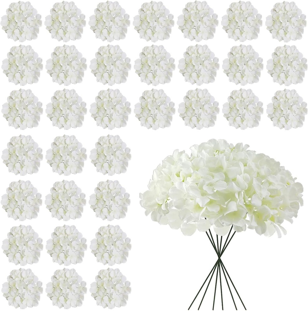Bulk White Artificial Hydrangea Flowers, 30 Pcs Faux Silk Heads with Stems