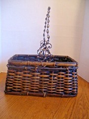VINTAGE BAMBOO OBLONG BASKET w/METAL SCROLL HANDLE ~ 12 1/2 L x 8 W x 6 H ~ VGUC