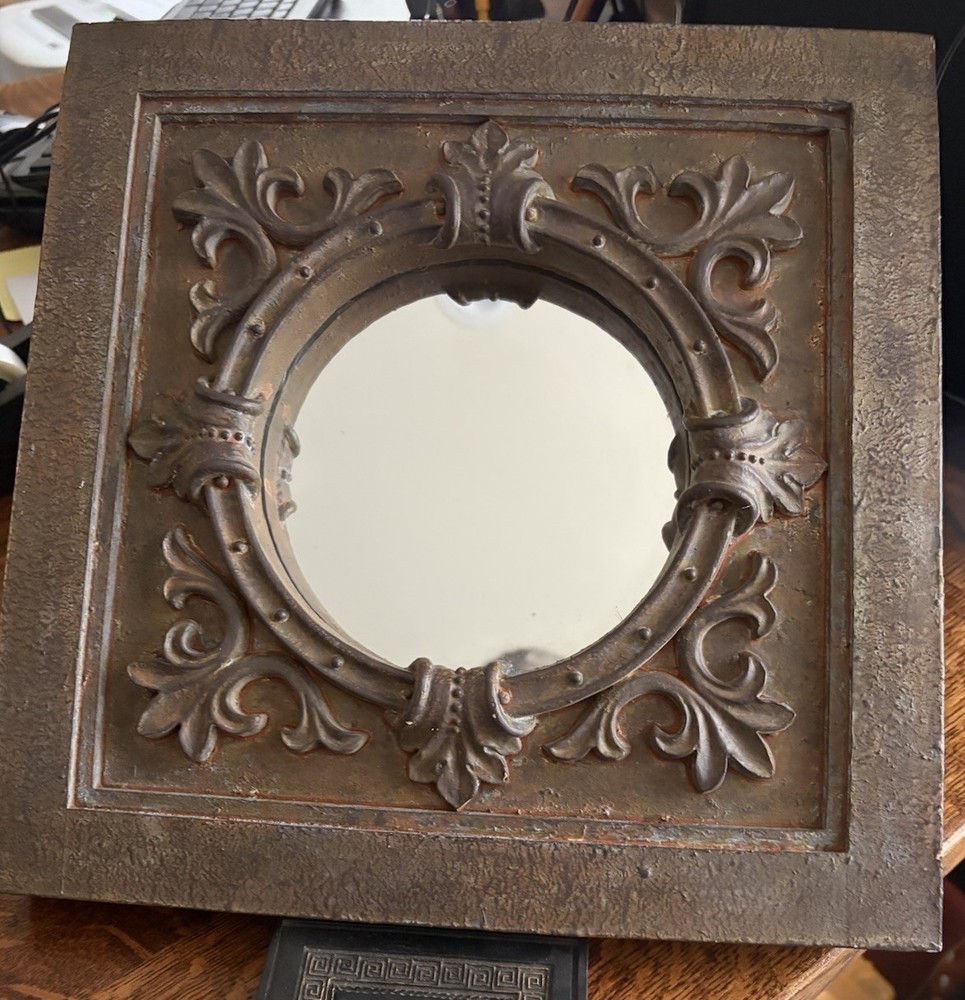 Square Wall Mirror 12” Embossed Resin Frame Rust Brown Decorative