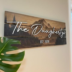 Custom Mountain Family Name Sign – Rustic Wood Wall Decor, Wedding & Gift
