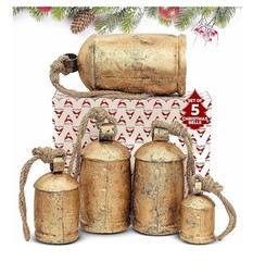 Lg Brass Cow Bells for Rustic Christmas Decor – Set of 5 Vintage Bells on Rope