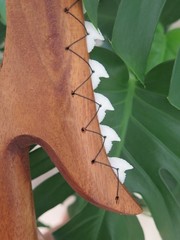 Hawaiian Hand Made Wall Decor Wood Carved Lei O Mano Resin Shark Teeth Tribal