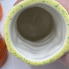 6 Retro Vases Denim Jeans Style Ceramic Cups Set Orange Lime Atomic 4″ 60s
